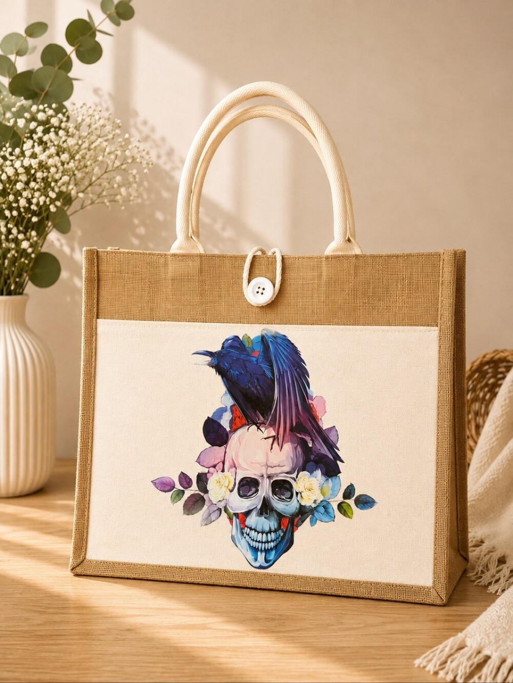 Gothic Skull Raven Floral Tote Bag – Jute Canvas Statement Bag